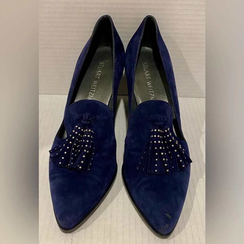 Stuart Weitzman Navy Blue Suede Tassel Block Heel Pumps